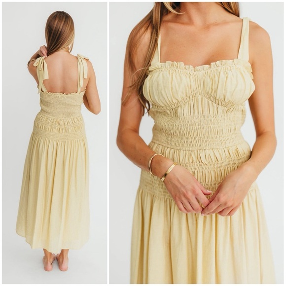 Moon River Yellow Midi Picnic Dress Sundress Adjustable Tie Strap Shirred M - Picture 4 of 14